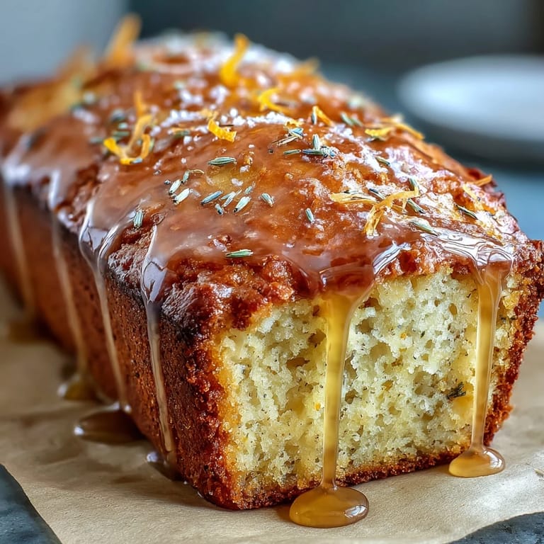 Slices of fragrant lemon lavender cake with honey drizzle, served on a rustic wooden board with fresh lemon wedges.  