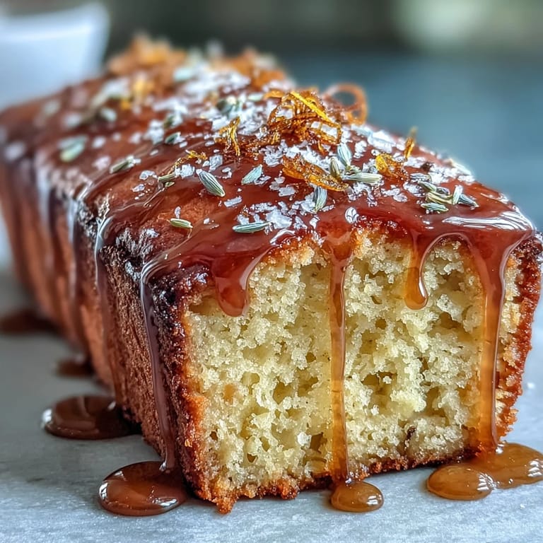 Golden lemon lavender loaf cake with a shiny honey glaze, sliced to reveal soft crumb and delicate floral aroma.