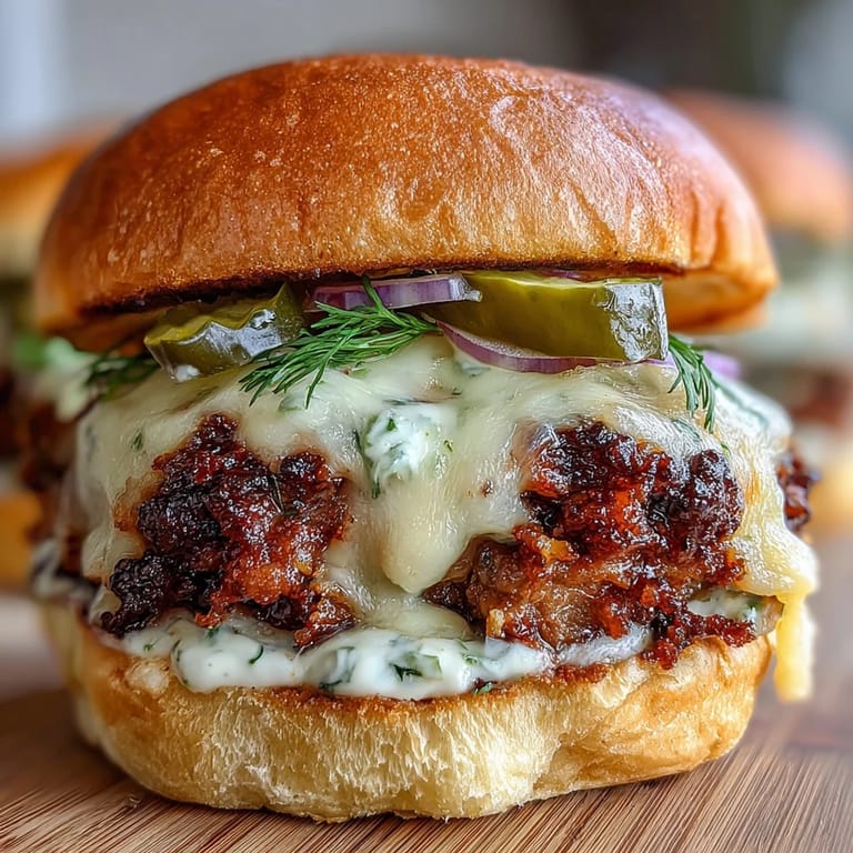 Crispy-edged beef patties on toasted brioche buns, layered with pickles, lettuce, and creamy secret sauce for a festive holiday meal.  
