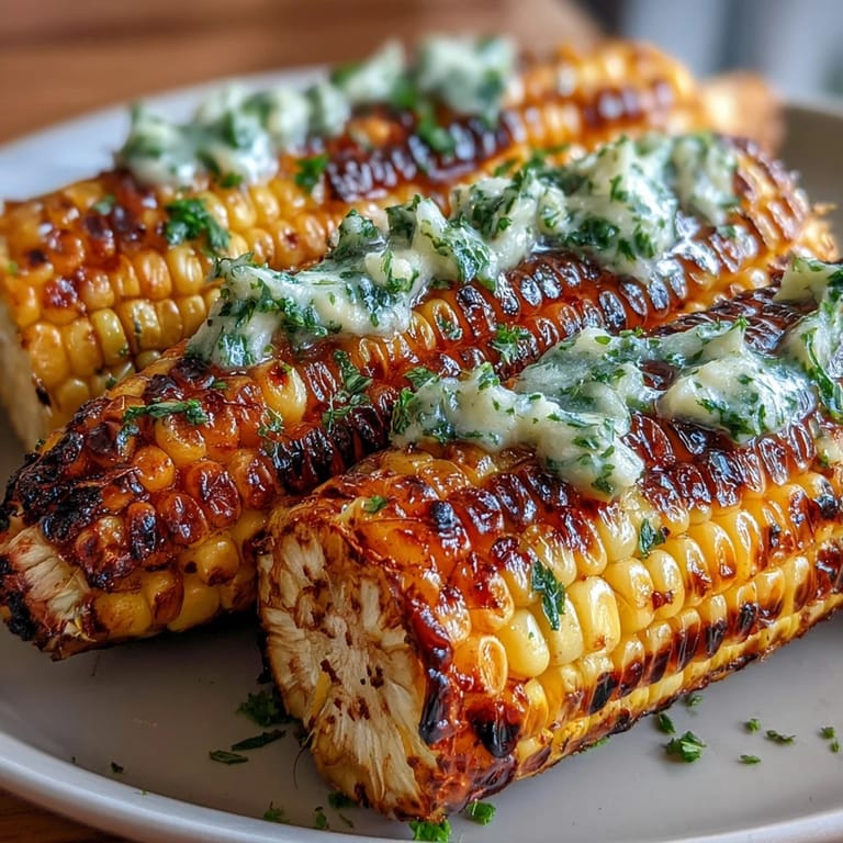 Festive grilled corn on the cob platter, each ear glistening with herbed butter, surrounded by fresh parsley, chives, cilantro, and basil.