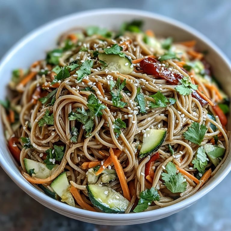Fresh, cool sesame ginger soba noodle salad, a healthy and colorful side.