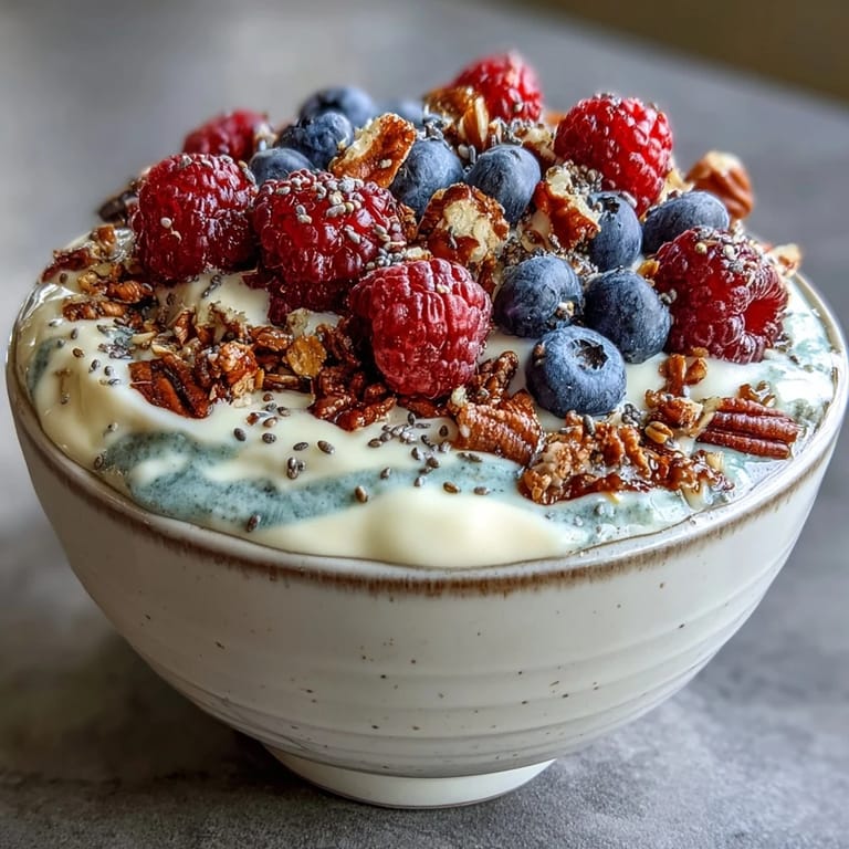 Creamy skyr protein smoothie bowl, ready for a refreshing berry and granola topping.