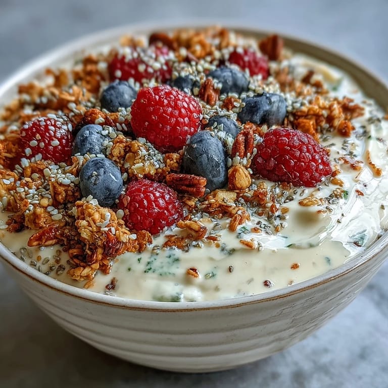 Delicious skyr protein smoothie bowl, a healthy breakfast with fresh berries and crunch.