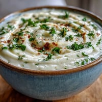 A bowl of creamy White Bean and Parmesan Soup garnished with fresh parsley and grated cheese.