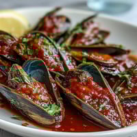 Freshly steamed Smoky Mussels Pomodoro served in a shallow bowl with lemon wedges and crusty bread for dipping.