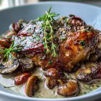 Fork-tender Coq au Vin Rosé braises in a creamy, blush-pink sauce with mushrooms and fresh herbs.