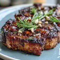 Perfectly grilled bone-in rib eye steak topped with fresh rosemary and garlic, served with buttered potatoes and asparagus.