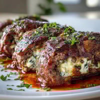 Four tender beef rolls filled with pine nuts and raisins, simmered in a rich Sicilian-Style Braciole tomato sauce.