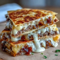Sizzling Cheesy Griddled Smashburger Quesadillas on a plate, featuring melted cheddar and American cheese, golden tortillas, and sweet caramelized onions.