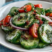 Refreshed chilled crunchy cucumber salad in a white bowl with dill and sesame seeds.
