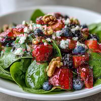 Fresh spinach and berry salad bowl with creamy goat cheese, crunchy nuts, and tangy balsamic vinaigrette.  