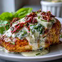 Creamy Tuscan Chicken with Sun-Dried Tomatoes in a rich Parmesan sauce, served with wilted spinach and fresh basil.