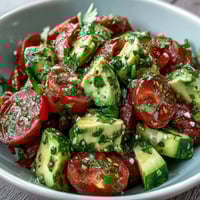 Vibrant cucumber tomato avocado salad with lemon dressing, a refreshing and colorful dish perfect for summer gatherings.  