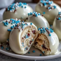 Creamy peanut butter eggs coated in smooth white chocolate and topped with colorful sprinkles make a perfect Easter dessert treat.