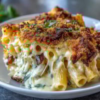 Creamy mac and cheese bake with golden panko crust, bubbling with melted cheddar and Gruyère cheeses.
