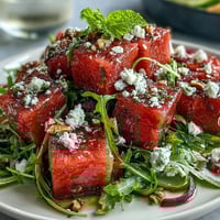 Vibrant watermelon and arugula salad with creamy feta, fresh mint, and zesty lime dressing in a white bowl.