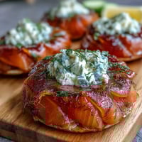 A colorful smoked salmon bagel board with fresh bagels, silky salmon, and vibrant veggies for a festive brunch.  