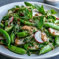 Crisp snap pea and radish salad tossed with fresh mint, parsley, and creamy tahini dressing.