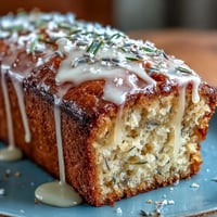 Moist lemon lavender loaf cake topped with a glossy honey glaze, garnished with lemon zest and dried lavender buds.  