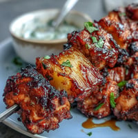 Juicy grilled chicken al pastor skewers with smoky marinade and caramelized pineapple chunks, perfect for a flavorful summer barbecue.