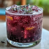 A sparkling blackberry lavender lemonade fizz with vibrant purple hue, served over ice with fresh berries and lemon slices.  