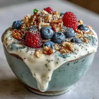 Thick skyr protein smoothie bowl topped with vibrant berries and crunchy granola.
